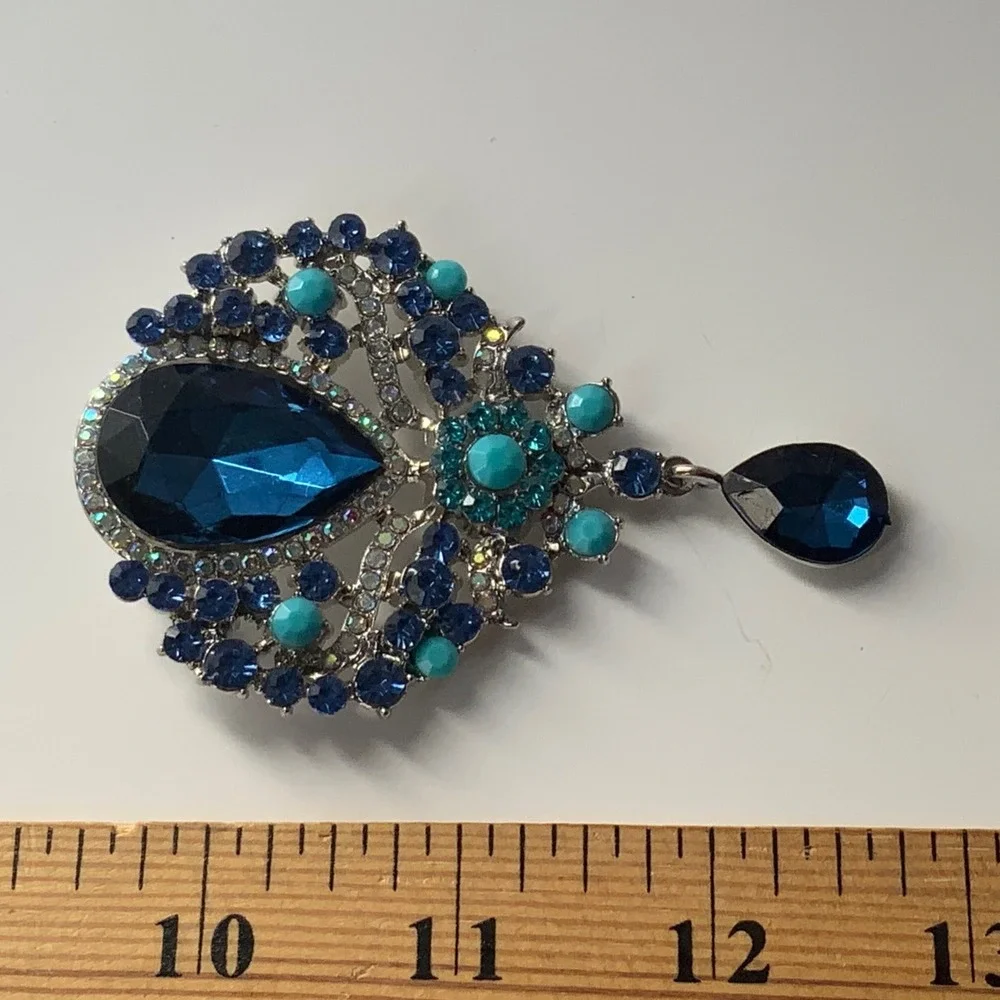 Vintage Style Royal Blue Rhinestone Dangle Teardrop Statement Brooch Pin